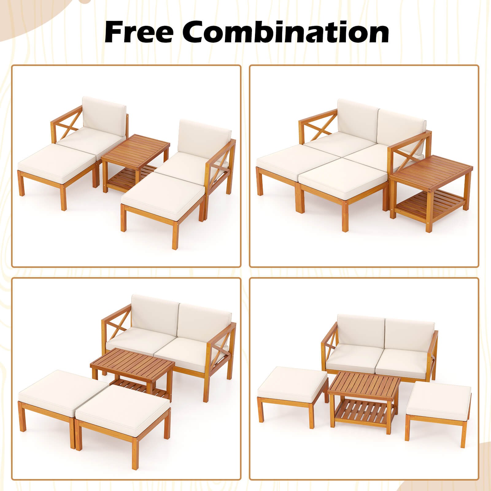 5 Pieces Acacia Wood Patio Chaise Lounge Chair Set with Ottomans and Cushions