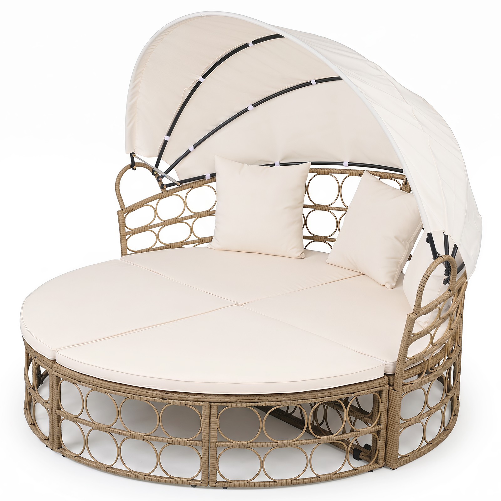 Outdoor Patio Daybed w/ Retractable Canopy & Cushions, Round Sectional Couch