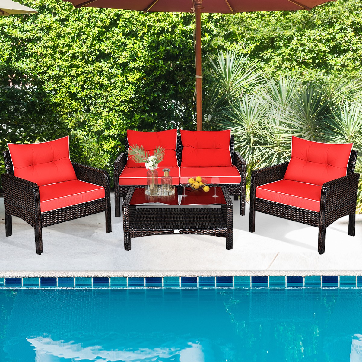 4PCS Rattan Patio Conversation Set Red Cushioned Outdoor Furniture Set