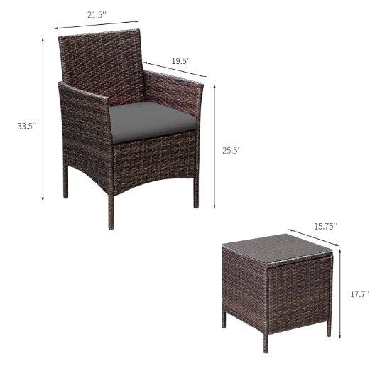 Devoko 3pc Outdoor Patio Conversation Set Wicker Bistro Chairs Gray