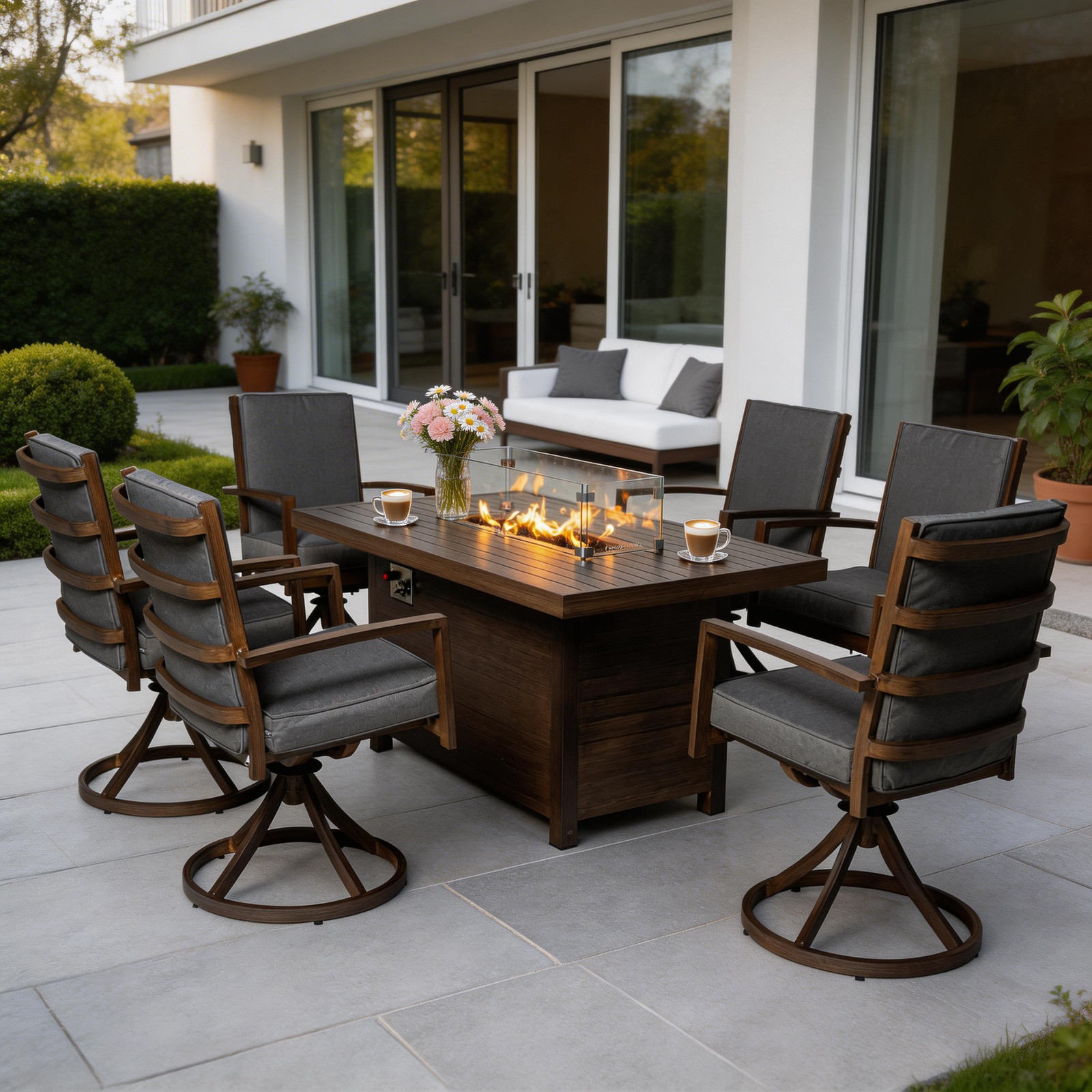 Aluminum Outdoor Dining Set with Fire Pit Table & 6 Swivel Chair Padded Cushion