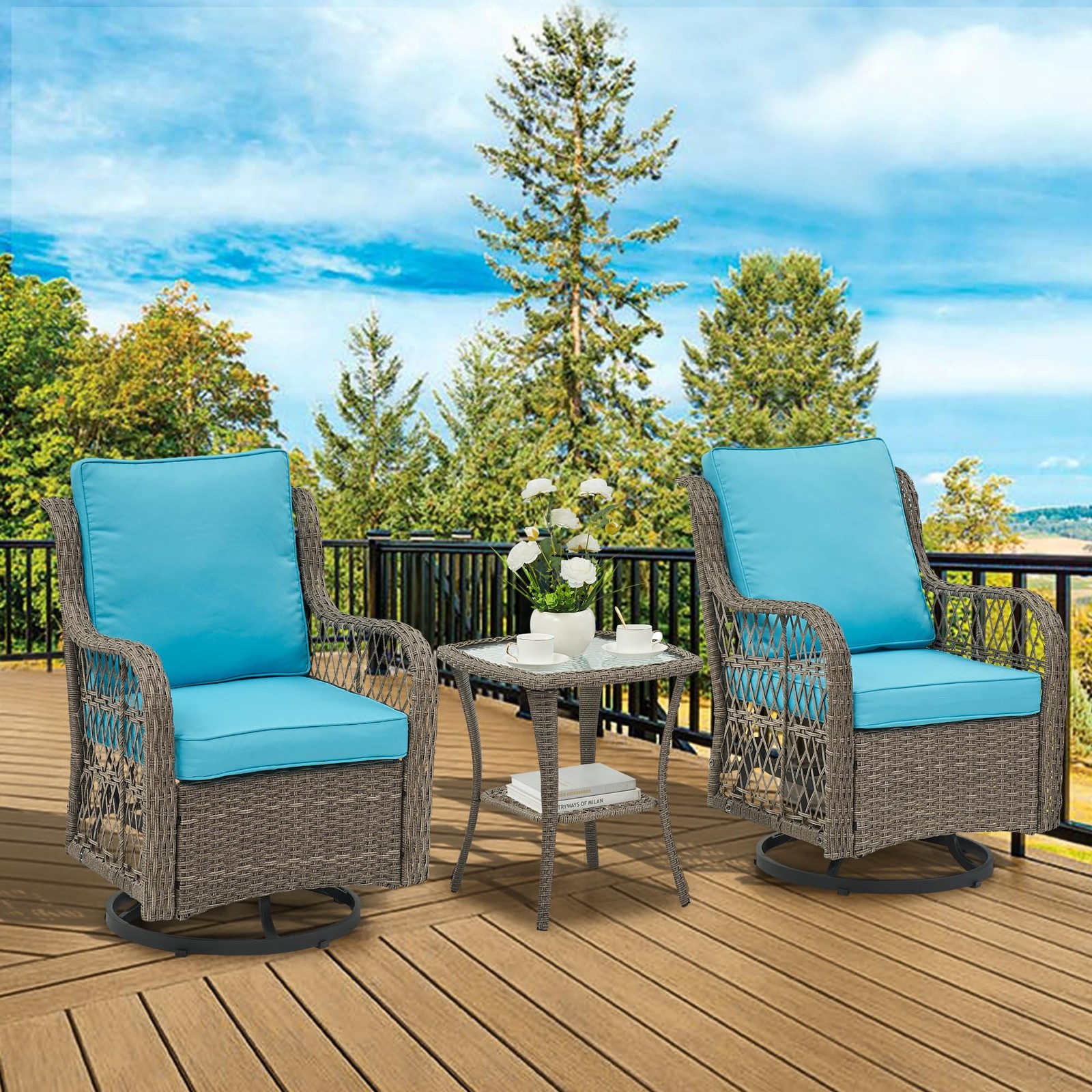 3-Piece Outdoor Swivel Patio Furniture Set Wicker Rocking Chairs with Side Table