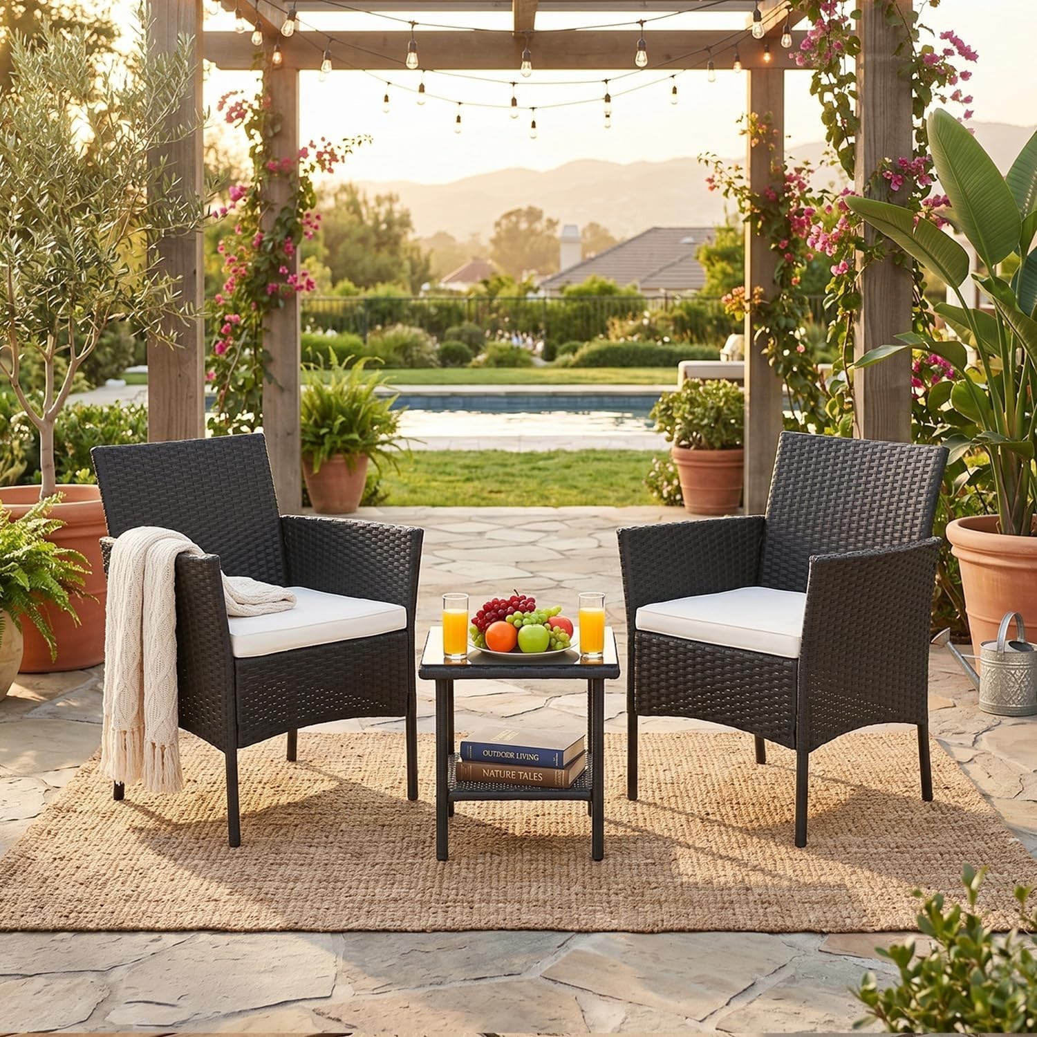 3-Piece Patio Furniture Set | Black & Beige | Outdoor Wicker Furniture | with…
