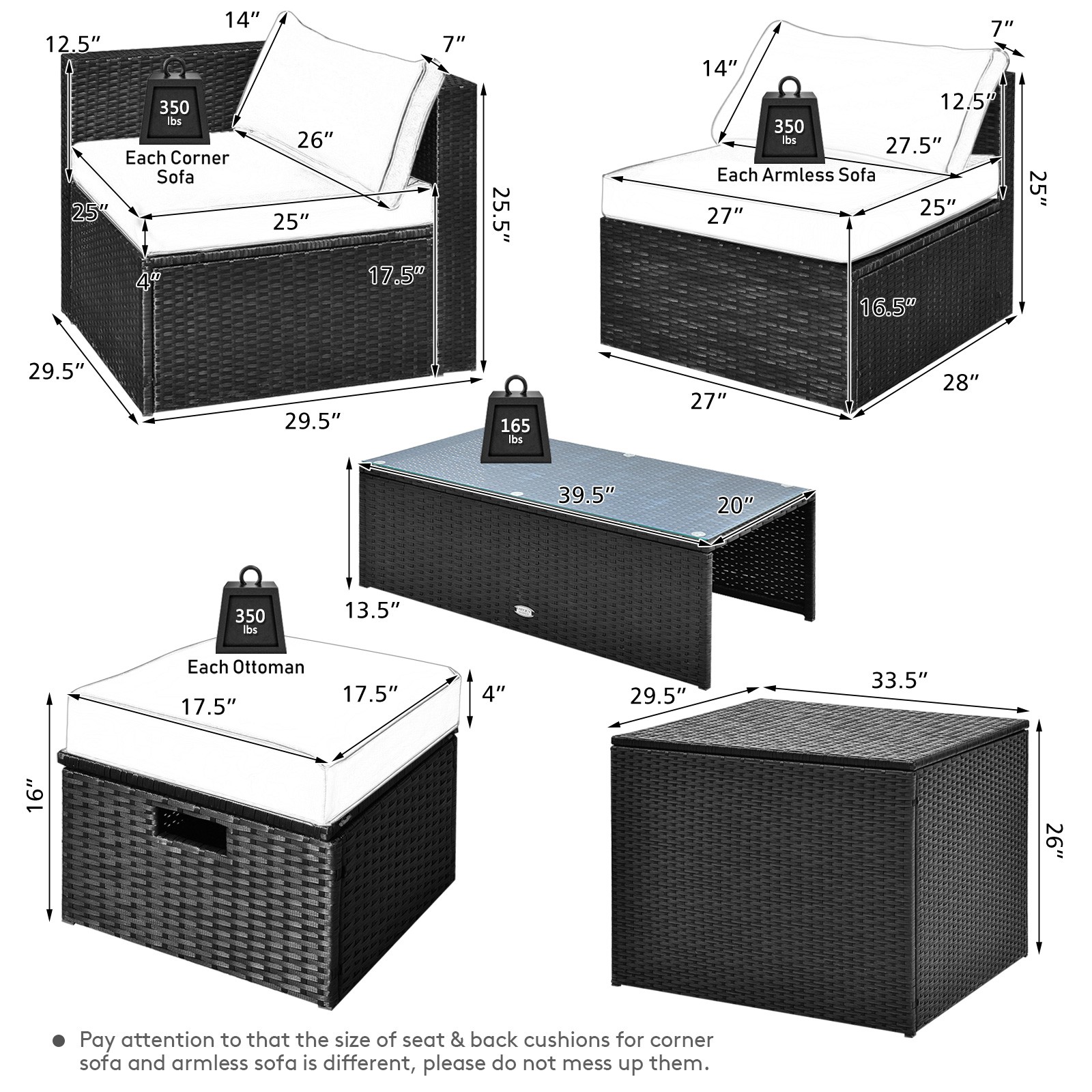 Patiojoy Outdoor 8PCS Rattan Furniture Set Storage Table Ottoman Off White