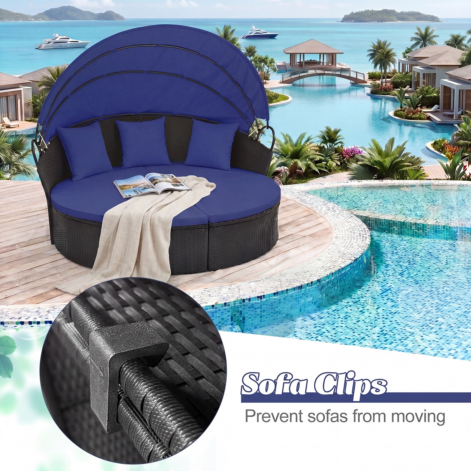 Outdoor Patio Round Daybed w/Retractable Canopy Cushions Throw Pillows for Lawn