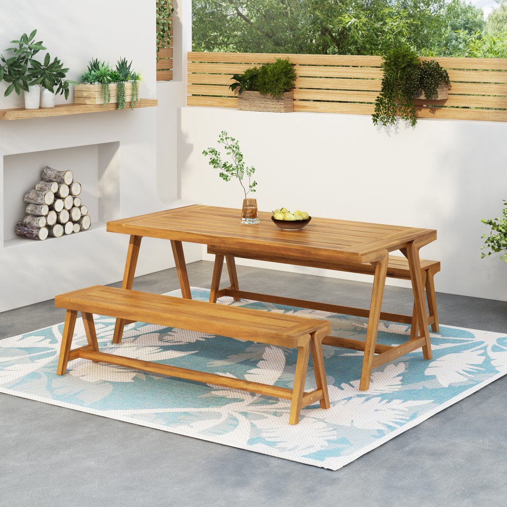 3-Piece Acacia Wood Patio Dining Set with Benches, All-Weather for Deck