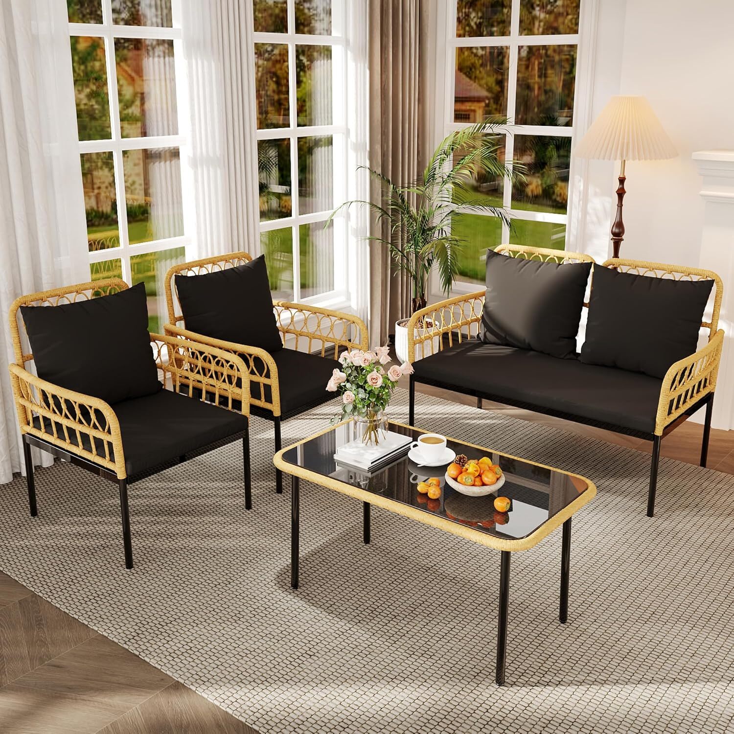 4 Pcs Outdoor Patio Furniture Set 3 All-Weather Wicker Chairs & Glass Top Table