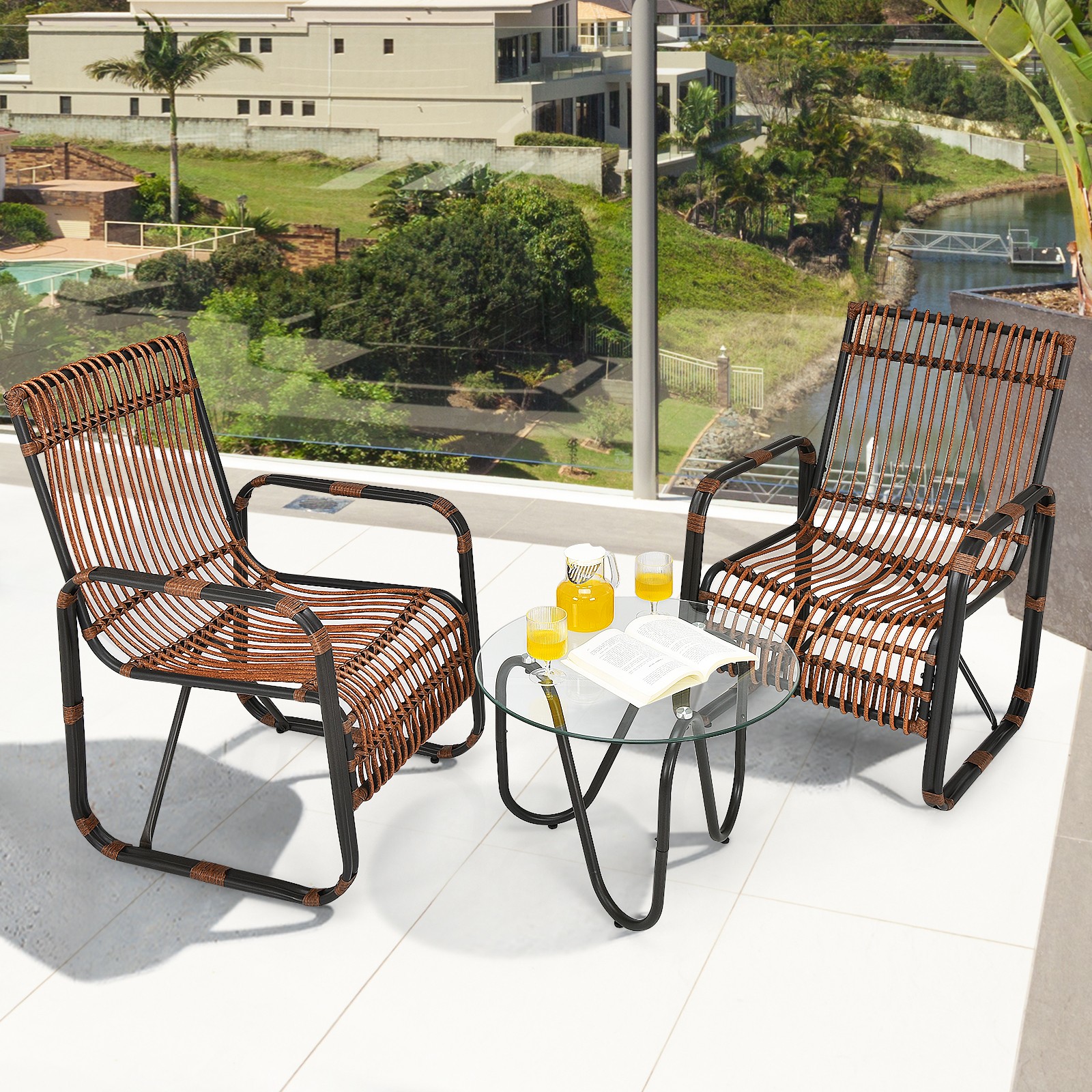 Costway 3PCS Patio Rattan Furniture Set Coffee Table Conversational Sofa