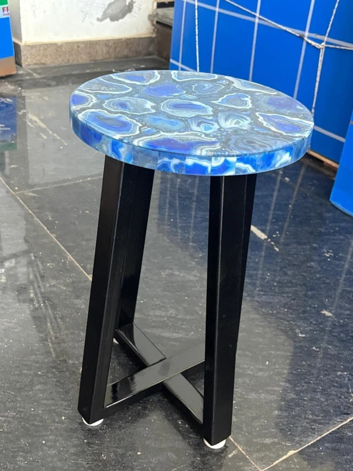 Round Handmade Patterned Blue Agate Corner Table, Luxury Accent Decor