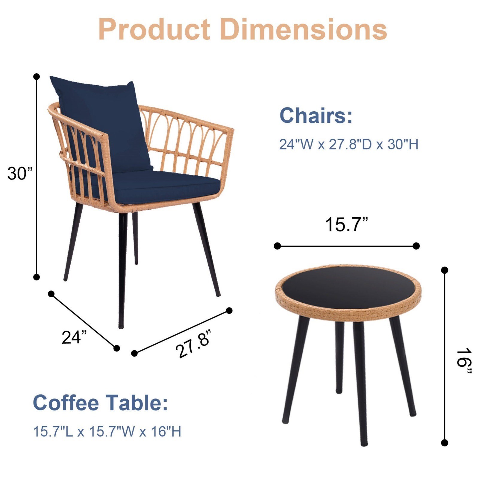3-Piece Patio Wicker Round 16 in. H Cafe Table Outdoor Bistro Conversation
