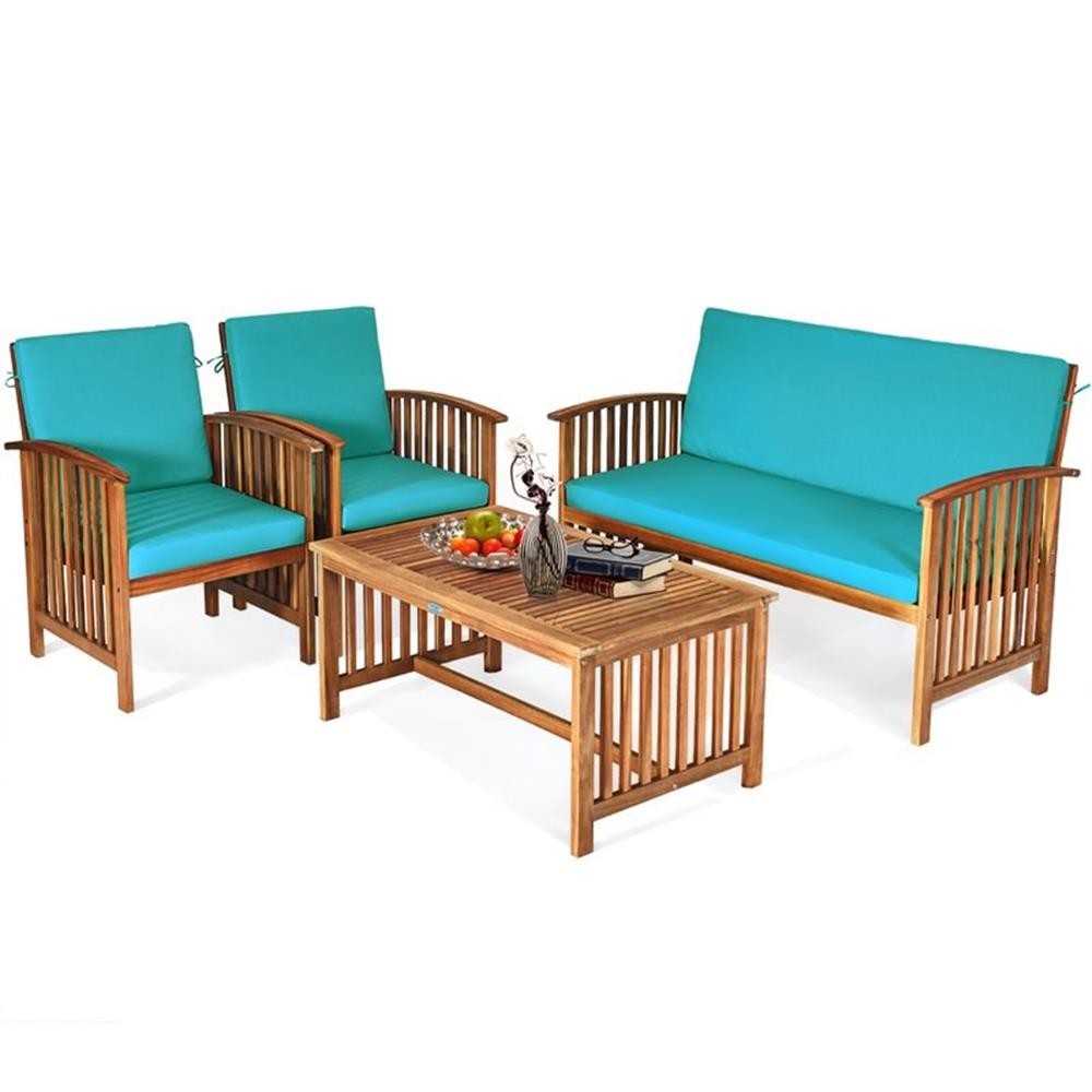 Pemberly Row 4-piece Wood & Sponge Patio Furniture Set with Coffee Table in Blue