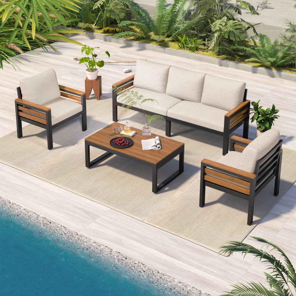 Outdoor Patio Furniture Set 5-Piece w/ Acacia Wood Table & Cushions Beige