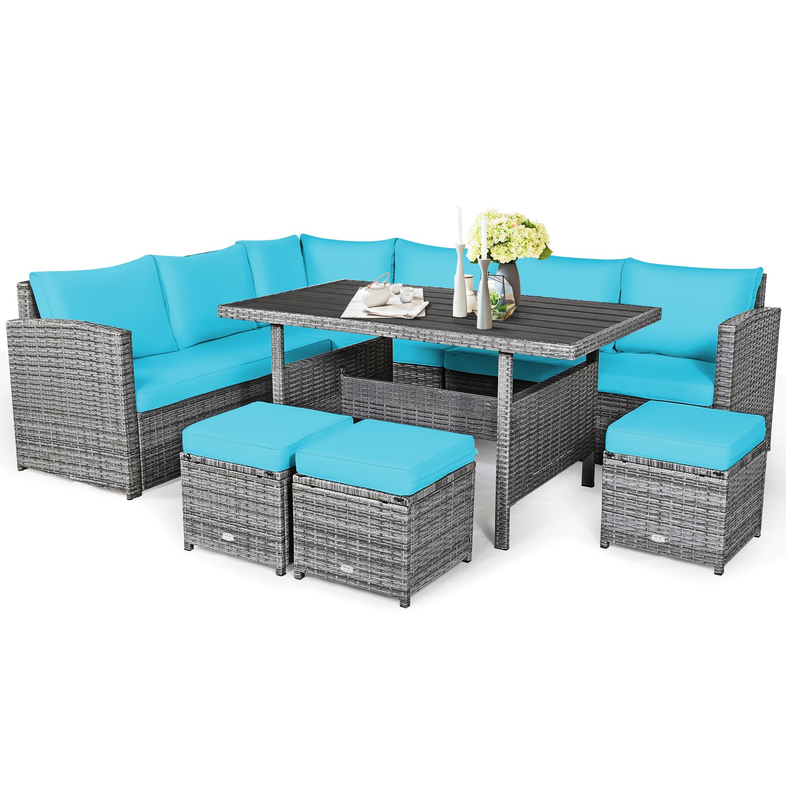 Patiojoy 7 PCS Patio Rattan Dining Set Sectional Sofa Couch Ottoman Turquoise