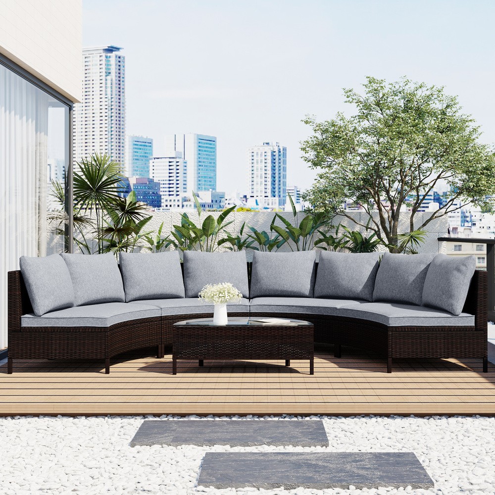 5-Piece All-Weather PE Rattan Patio Sectional Sofa Set w/ Table & Cushions, Grey