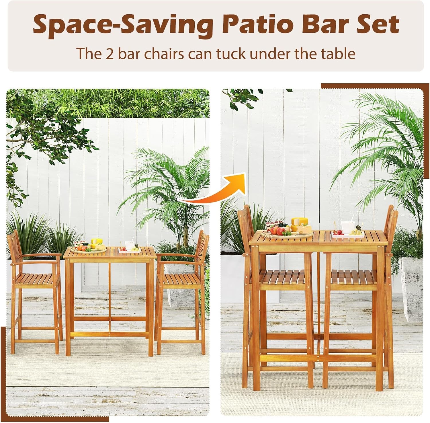 3 Piece Patio Bar Table & Chairs Outdoor Acacia Wood Bar Set w/Slatted Seat