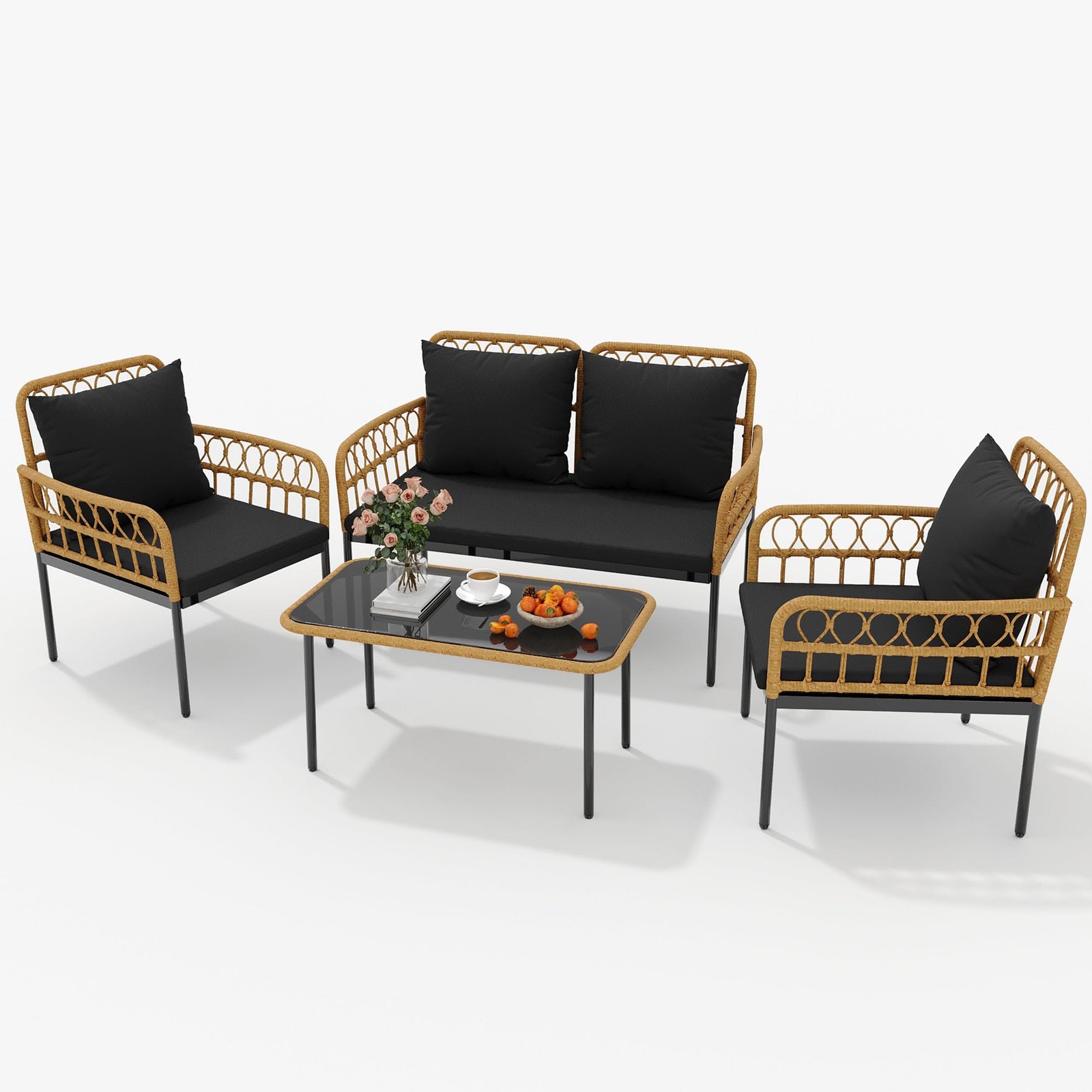 4 Piece Outdoor Patio Furniture Set, All-Weather Wicker Table and Chair Set Set